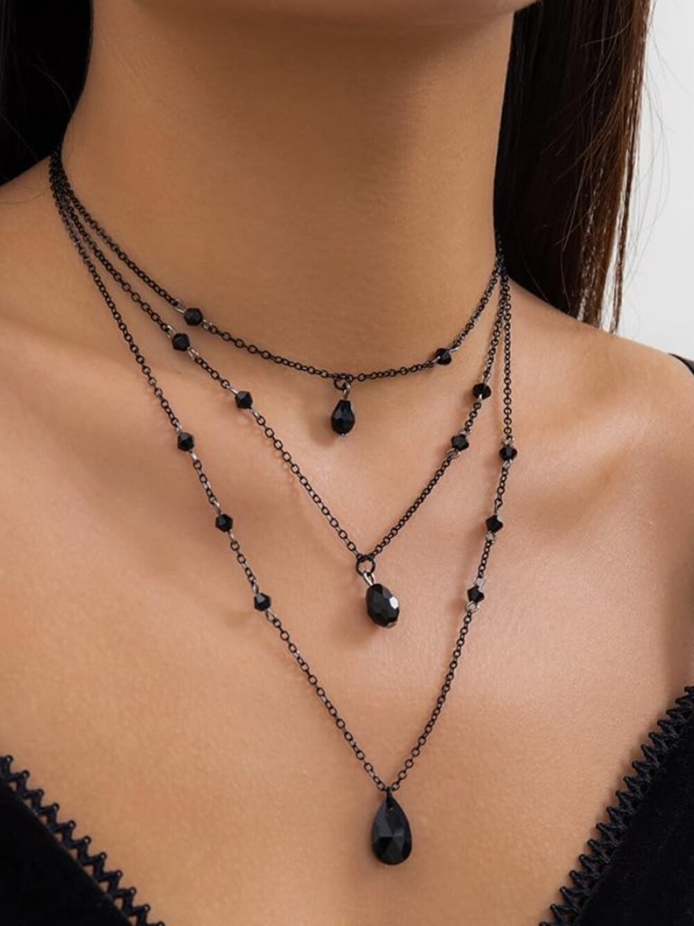 New - Gothic Y Necklace,Goth Black Red Crystal Bead Teardrop Necklace - Picture 2 of 2